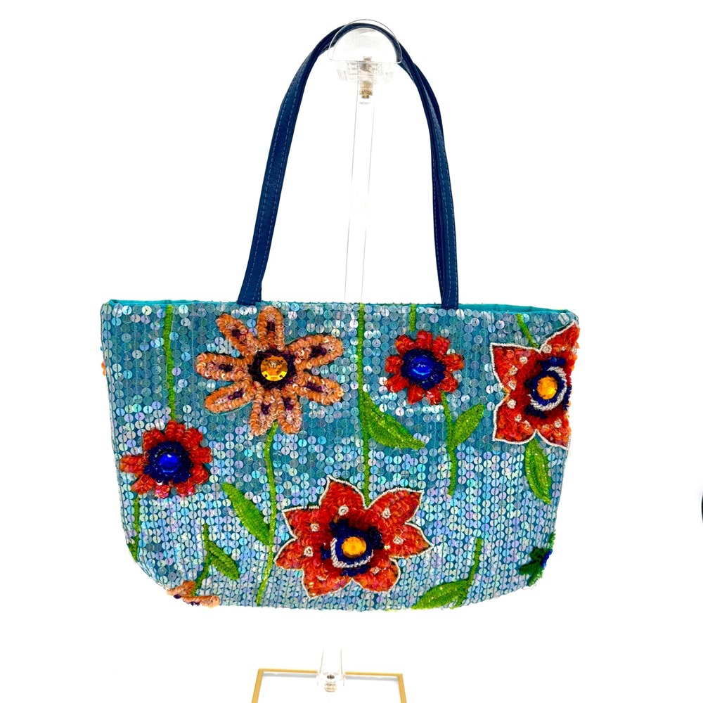 Christiana Beaded Sequin Flower Tote Bag Blue Orange Sparkle‎ Colorful Purse